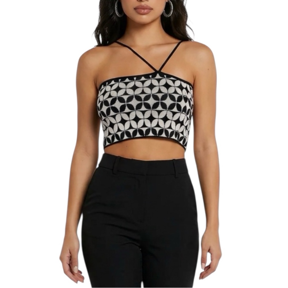 Zara Black & Light Gray Geometric Jacquard Knit Crop Top w/ Asymmetrical Straps